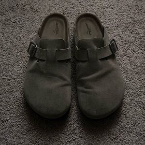 Gray Suede Clogs with Buckle
